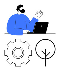 Man waving at laptop, gear icon, and tree-shaped sustainability symbol. Ideal for teamwork, innovation, eco-tech, software development, usability, corporate strategy abstract line flat metaphor