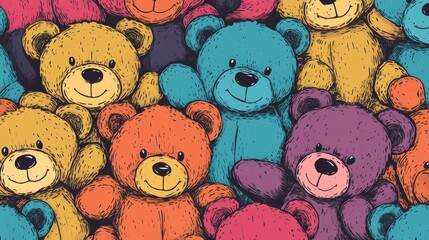 Seamless pattern with funny cartoon Teddy bears. Drawing watercolor and ink.  Hand-drawn illustration.