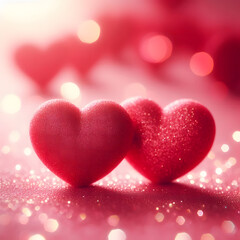 Red Hearts on Glittery Pink Background with Dreamy Bokeh Effect"