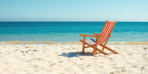Beach chair on sandy beach with clear blue sky and calm ocean, seascape, blue sky, peaceful