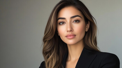 Naklejka premium Confident Woman with Beautiful Hair Posing Against Gray Background