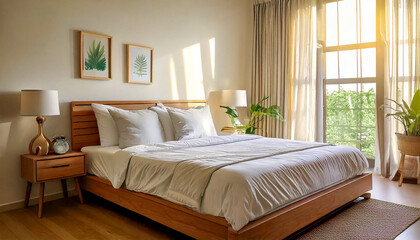Fototapeta premium Cozy Bedroom with Natural Light,A cozy bedroom with a large bed, wooden furniture, soft lighting, and a large window letting in natural light.