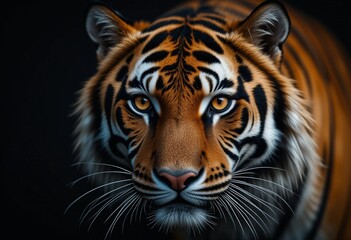 Fototapeta premium Intense portrait of a tiger against a dark background, eyes glowing.