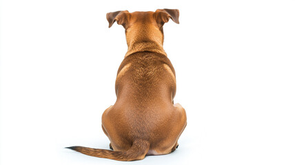 Back view of a dog sitting on white background.