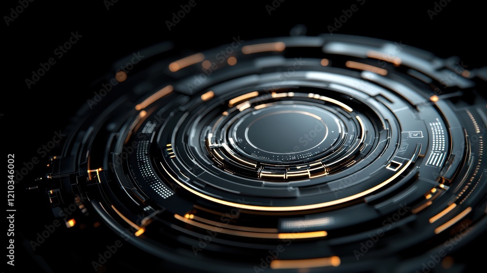 Poster A futuristic, circular design featuring intricate patterns and glowing elements against a dark background, evoking technology and digital themes.