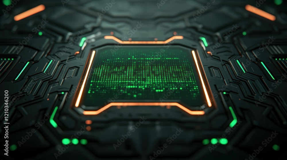 Poster A futuristic, digital circuit board with glowing green and orange elements, showcasing intricate patterns and binary code.