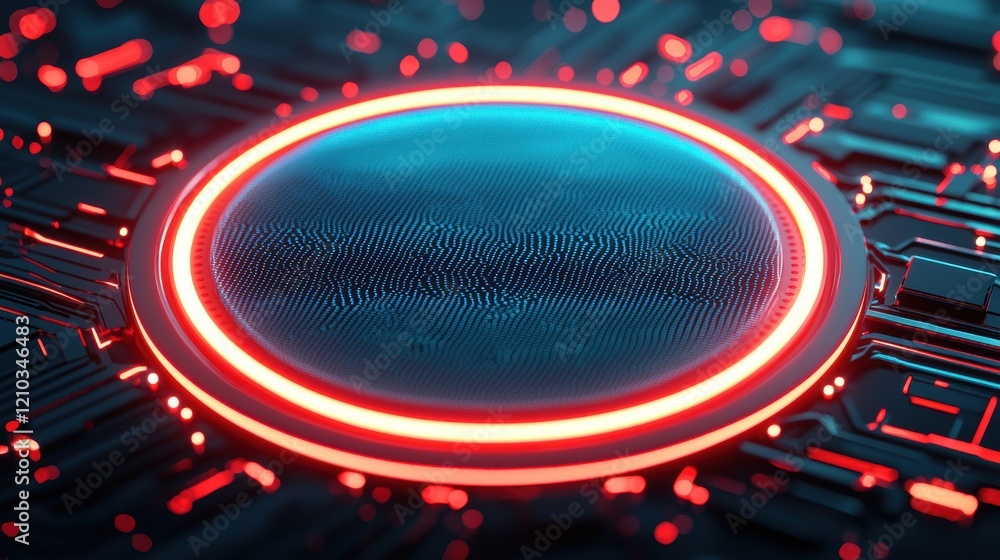Poster a futuristic circuit board design featuring a glowing circular element surrounded by intricate patte