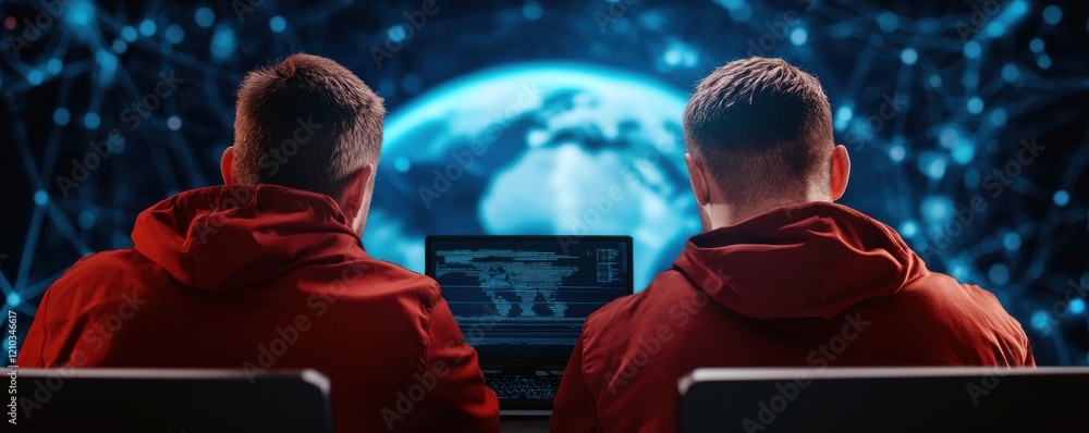 Poster two individuals in red hoodies monitor a digital display, showcasing global data and network connect