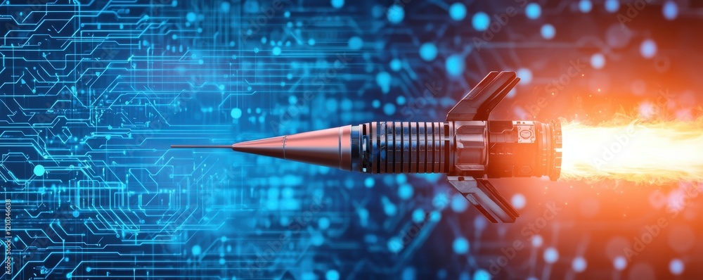 Poster a futuristic rocket propels forward against a backdrop of digital circuitry, symbolizing technology 