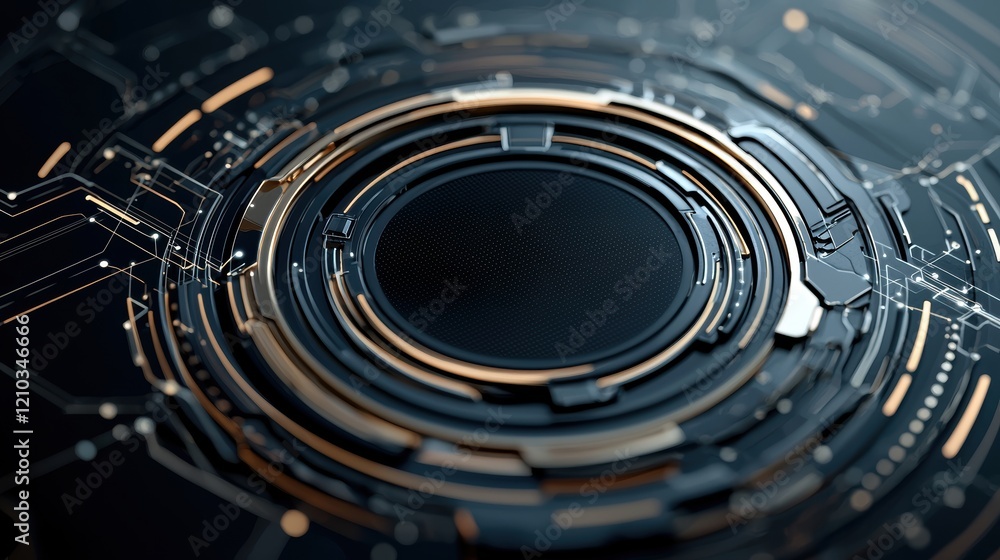 Poster A futuristic, abstract close-up of a circular circuit design, featuring intricate patterns and glowing elements against a dark background.