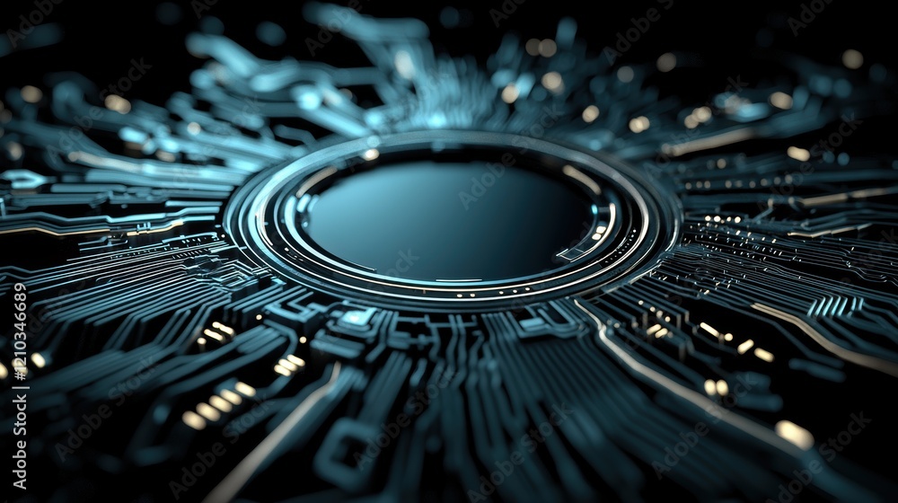 Poster a close-up of a sleek, intricate circuit board with glowing lines, showcasing advanced technology an