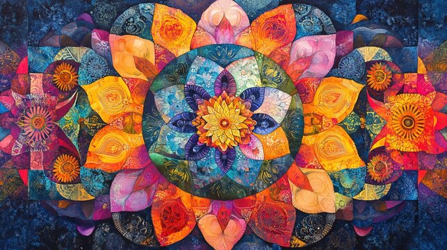 A Buddhist mandala painting with vibrant colors, intricate patterns, and spiritual symbolism 
