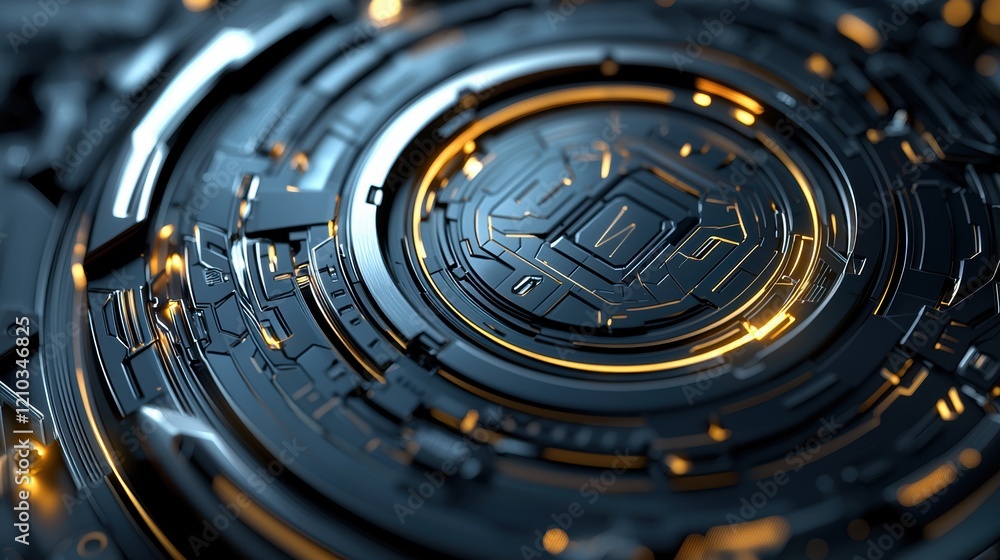 Poster A close-up view of a futuristic circuit board with intricate designs and glowing elements, emphasizing technology and digital innovation.