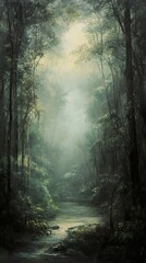 Fototapeta premium Enchanted Forest River: A Serene Landscape Painting