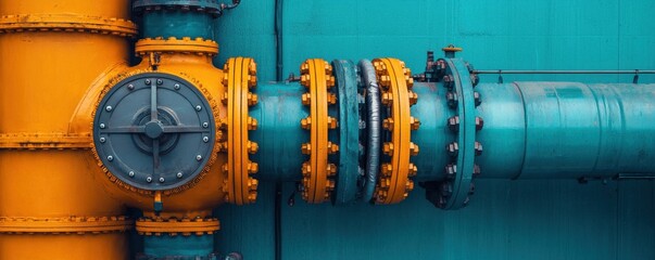 A vibrant, industrial scene featuring interconnected pipes with orange and turquoise colors, showcasing mechanical design and engineering.