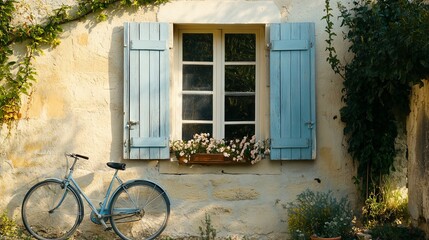 Vector landscape of window with shutters and bicycle in Provence style