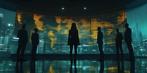 Silhouetted business team viewing global data.