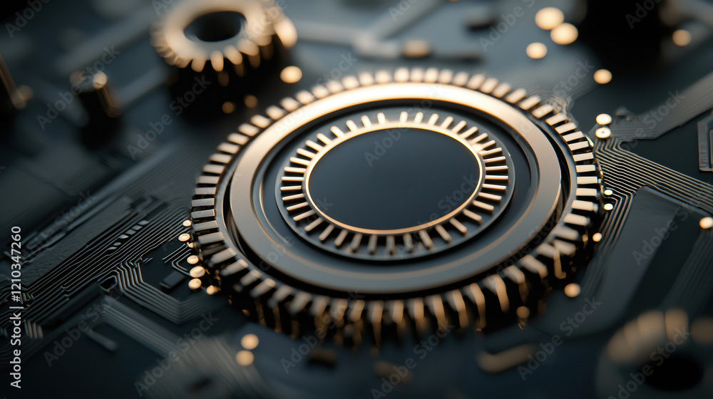 Poster a close-up view of a metallic gear on a circuit board, showcasing intricate details and a modern tec