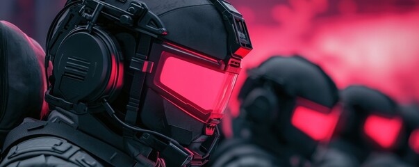 A futuristic scene featuring armored soldiers with glowing red visors, set against a dramatic backdrop, evoking a sci-fi atmosphere.