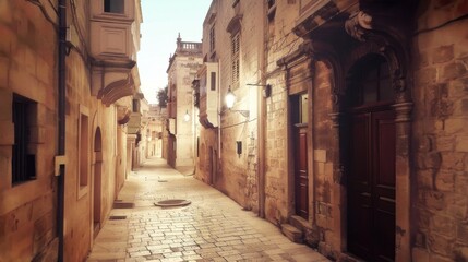 Naklejka premium Medieval cityscape with narrow street and old buildings