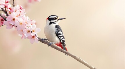 Obraz premium Beautiful white backed woodpecker perched on a tree branch with vibrant spring blossoms in the background, springtime, woodland, tree