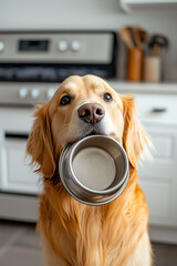 Fototapeta na wymiar Hungry golden retriever dog waiting to be fed in kitchen on morning. Pets care