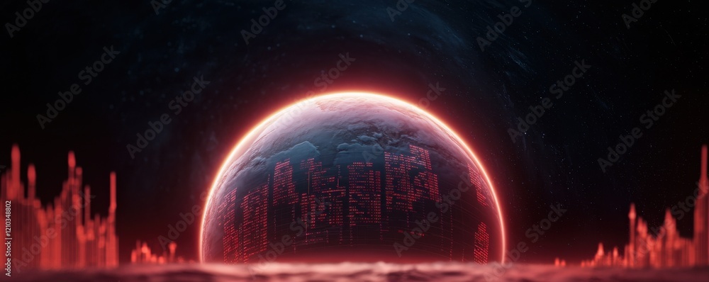 Poster a glowing red planet rises above dark waves, surrounded by luminous structures, creating a futuristi