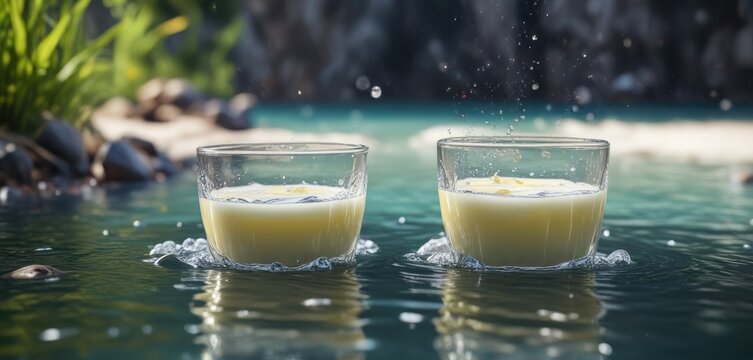 Beine im Wasser mit Milchschaum und Wassertropfen, milchfarbenlicht, milch beim baden, wasserdampf