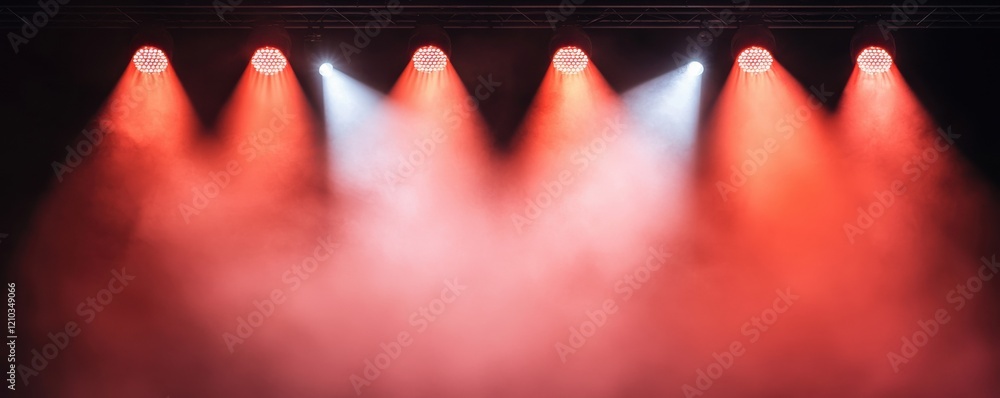 Poster a dramatic display of stage lights in red and white hues, creating an atmospheric backdrop with smok
