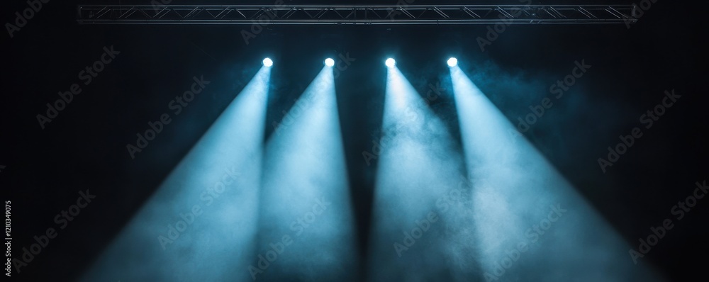 Poster three beams of blue light illuminate a dark stage, creating a dramatic atmosphere with a hint of fog