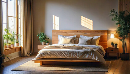 Cozy Bedroom with Natural Light,A cozy bedroom with a large bed, wooden furniture, soft lighting, and a large window letting in natural light.