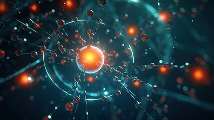 Quantum Biology: Glowing Subatomic Particles Orbing Deoxyribonucleic Acid (DNA) Strand in Mechanic Molecular Display. 3D Render Illustration