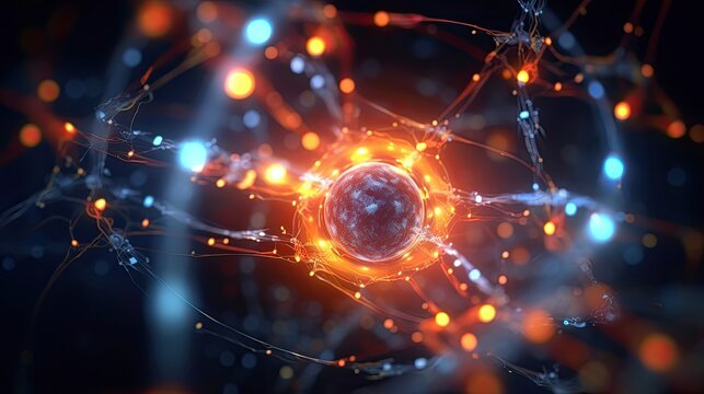 Quantum DNA: Glowing Subatomic Particles Orbiting Nucleus. Illustration of Subatomic Particles in Mechanic Energy and Molecular Chemistry