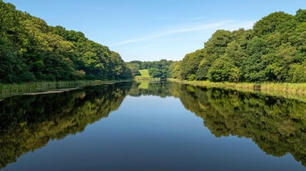 Fototapeta premium Calm river reflecting dense green forest under a clear blue sky during a bright sunny day.