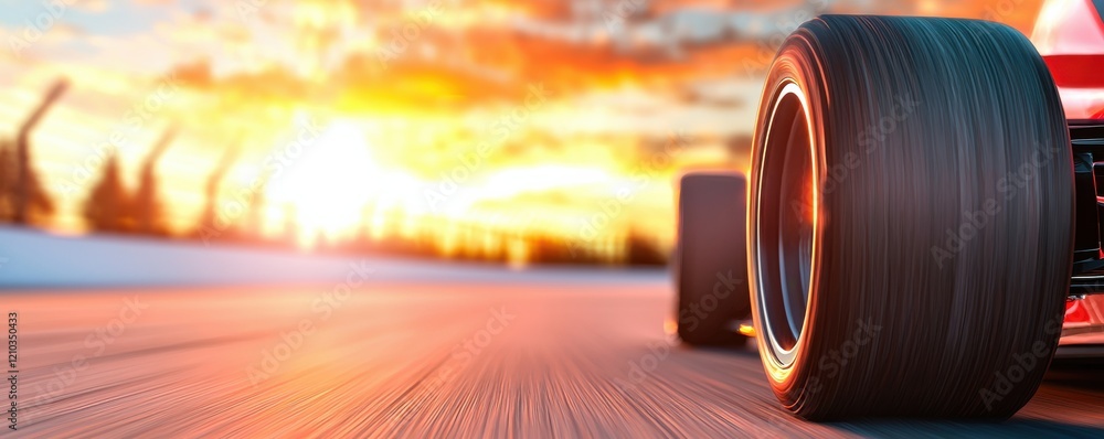 Poster a close-up view of a racing car tire on a track during sunset, capturing motion and speed in a vibra