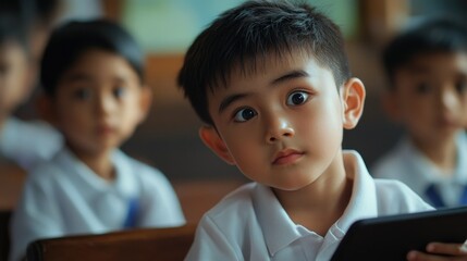 Curious Schoolboy Focused on His Classroom