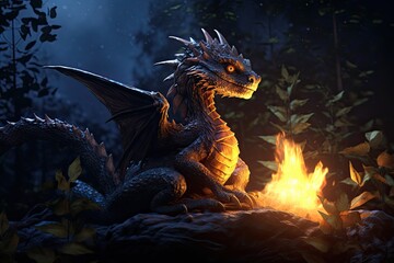 Resting Dragon by the Campfire. Night time mythical creature resting on a rock next to a small campfire in a fantastical setting