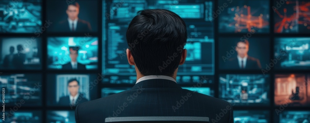 Poster a person in a suit observes multiple screens displaying various digital interfaces and figures, sugg