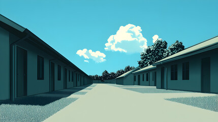 A clean vector of a military barracks, symbolizing the place where soldiers prepare. Military barracks illustration.


