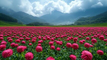 Fototapeta premium Vibrant Pink Dahlia Field, Mountain View