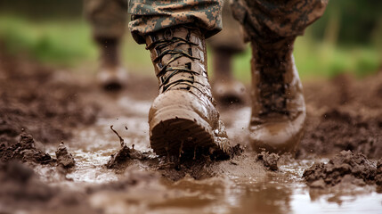 An abstract design of military boots walking through mud, symbolizing the harsh conditions of war. Boots in mud design.


