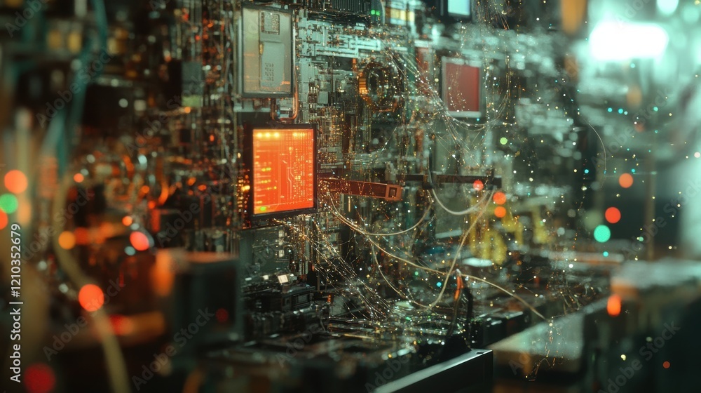Poster fiber optic cables transmitting data illuminate a complex electronic circuit board with a red screen