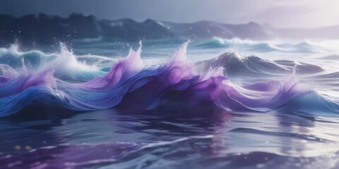 Blue and purple wisps dance on the surface of the waves, like delicate brushstrokes in an abstract watercolor painting, brushstrokes, blue
