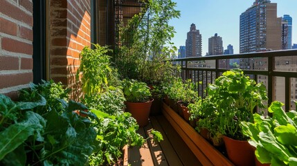 Fototapeta premium A vibrant vertical garden overflowing with fresh herbs lettuce and small tomatoes thriving on a sunny balcony in a bustling city