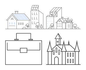 Fototapeta premium Solar-paneled buildings, minimalist castle, and a briefcase symbolizing architecture, environment, innovation, and progress. Ideal for urban planning, sustainability, eco-living business values