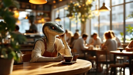The person sitting in cafe. Portrait of a woman in disguise. Among people, there can also be serpentine souls. 