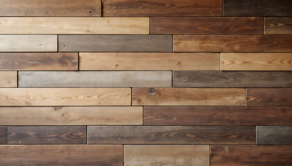 Naklejka premium rustic wood wall paneling, various shades of brown and beige wood planks arranged in a horizontal pattern