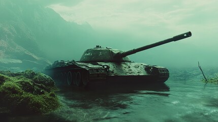 Forgotten Tank in a Misty Swamp: A Military Vehicle in Nature