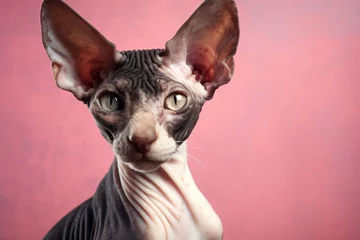 Portrait of a smiling cornish rex cat isolated on solid color backdrop