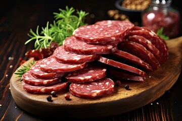 Obraz premium Sliced Salami on Board. Delicious Pork Meat Snack with Rich Red Color and White Fat Marbling. Perfect Sausage for Savory Dish